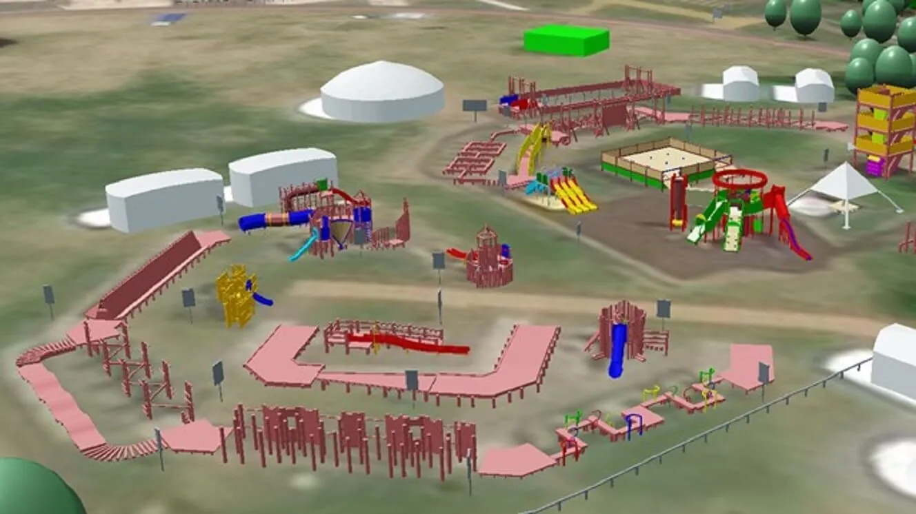 公園全域の3D都市モデル。遊具や施設が配置された俯瞰ビュー