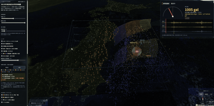自社開発の地震データ3D可視化ビューア。日本列島の3D地図上に震源球・地震活動・観測波形を重畳表示